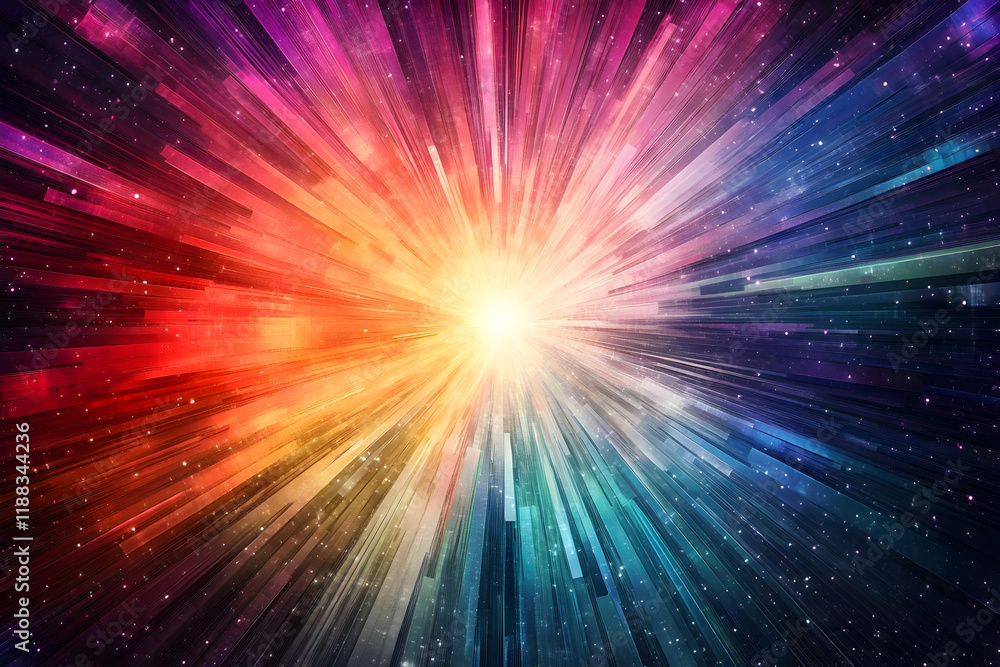 Poster abstract light rays burst from center, colorful spectrum background with sparkling particles