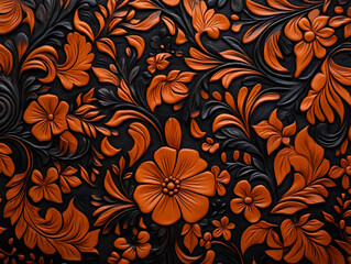 Intricate Orange Floral Pattern Embossed on Black Leather Background Creates Elegant, Decorative Effect.