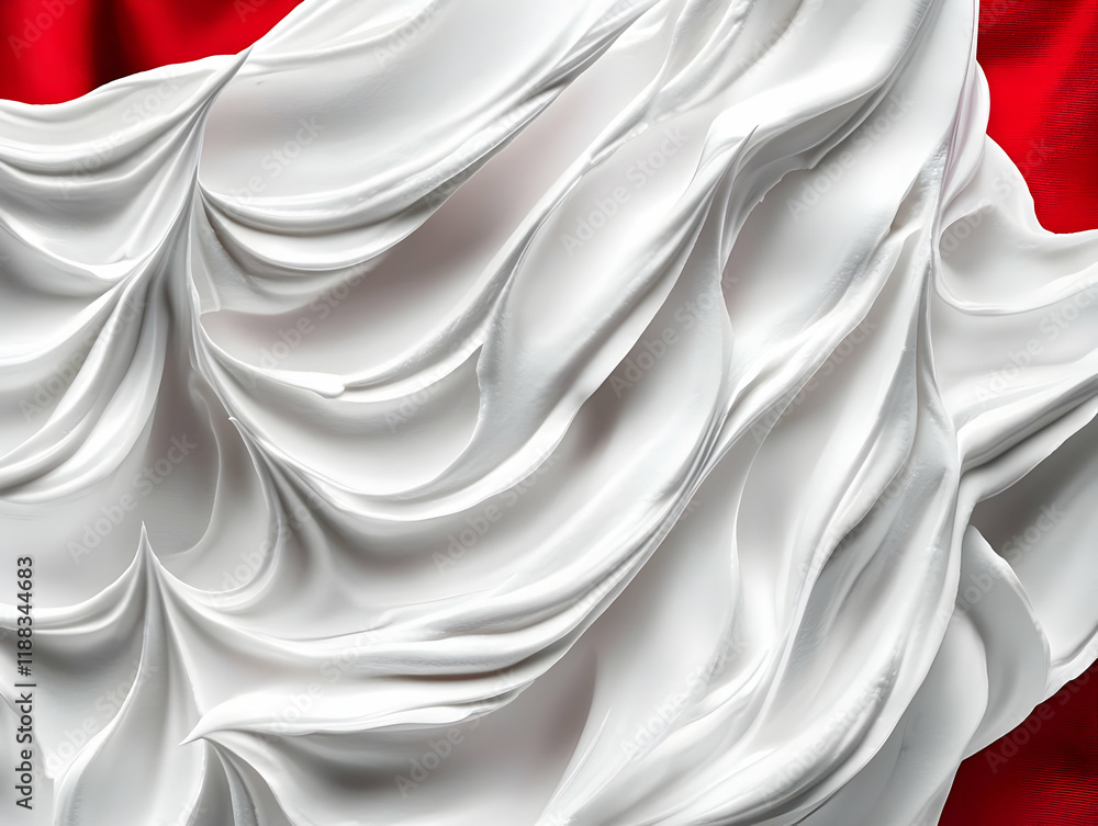 Poster white cream swirls dynamically against a red backdrop, creating a visually striking contrast