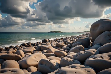 Obraz premium Coastal Beach with Rounded Rocks and Distant Island