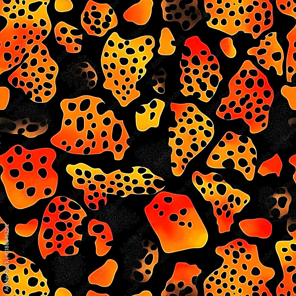 Poster abstract background with orange and black spotted shapes creates a dynamic visual.