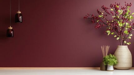 Fototapeta premium Elegant Burgundy Wallpaper with Minimalist Decor and Greenery