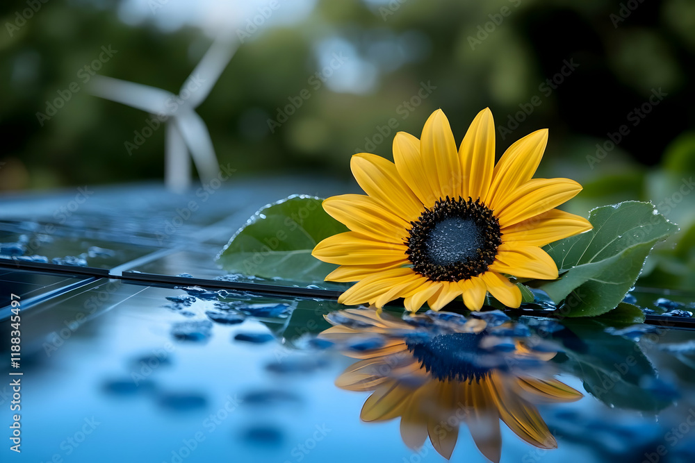 Poster sunflower rests on wet solar panel reflecting sunlight with wind turbine in background