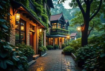 Fototapeta premium Illuminated Walkway Between Buildings with Greenery