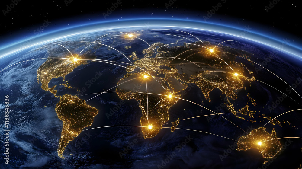 Poster global network connecting continents with data flow across illuminated cities at night