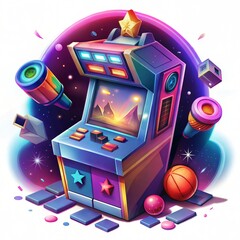 Retro Arcade Cabinet Floating in Space with Neon Colors and Cosmic Background