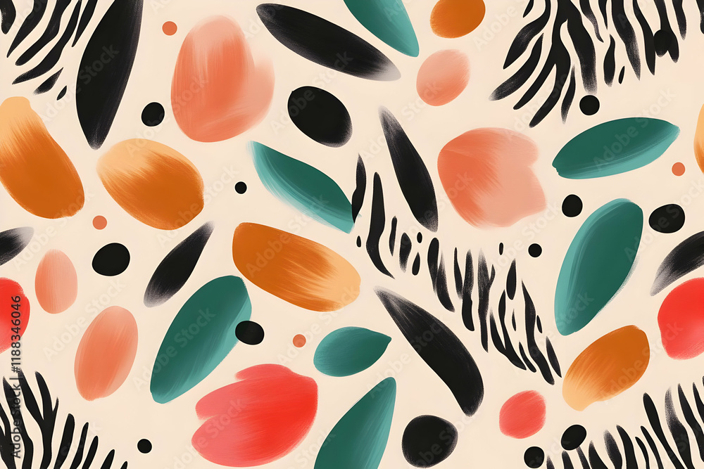 Poster abstract background displays colorful brushstrokes and zebra stripes seamlessly across cream canvas