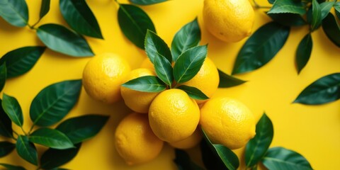 A Fresh Cluster of Bright Yellow Lemons with Vibrant Green Leaves Against a Yellow Background