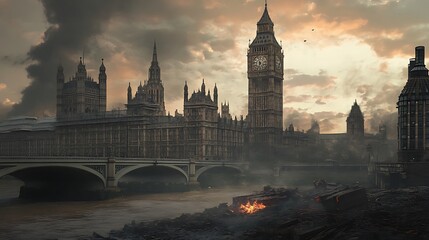 Post-apocalyptic London, Houses of Parliament, fire, river, ruins, dramatic sky.