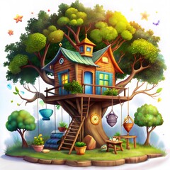 Magical Wooden Cabin with Spiral Staircase and Vibrant Butterflies