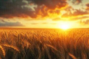 Obraz premium Sunset wheat golden field in the evening. Growth nature harvest. Agriculture farm.