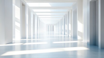 Obraz premium Sunlit white corridor with columns and doors.