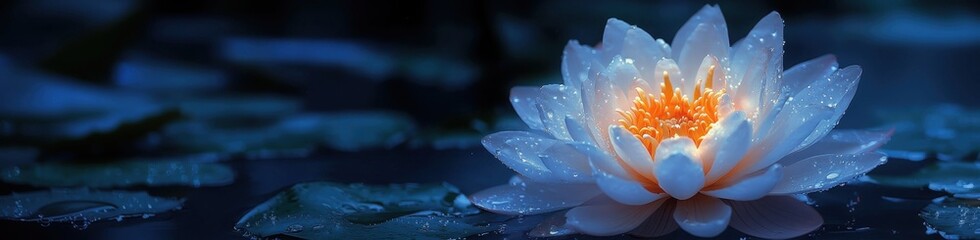 White lotus flower blooming on tranquil water surface. Nature, spirituality, meditation themes. Concept of inner peace, enlightenment, harmony with nature, mindfulness, serenity