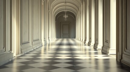 Sunlit grand hallway with checkered floor, arched ceiling, and chandelier.