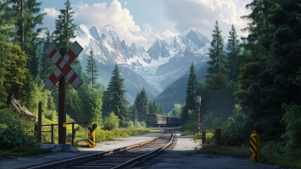 山間の杉林を背景に通るローカル電車と無人踏切の風景