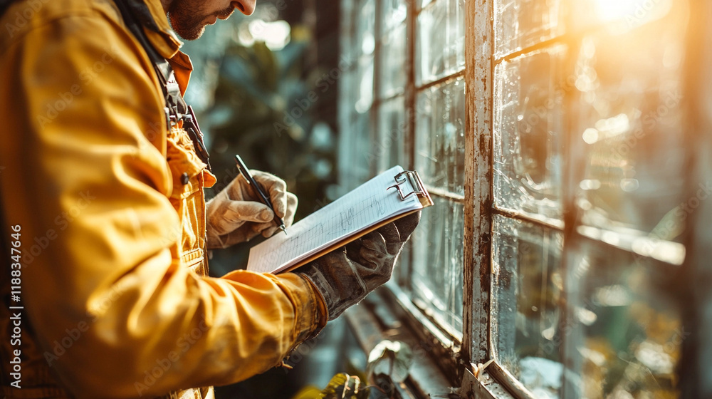 Poster ai-generated insights engineer in uniform inspects enhancedsr in industrial setting notepad in hand