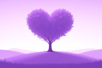 Stylized landscape has prominent heart shaped purple tree at center