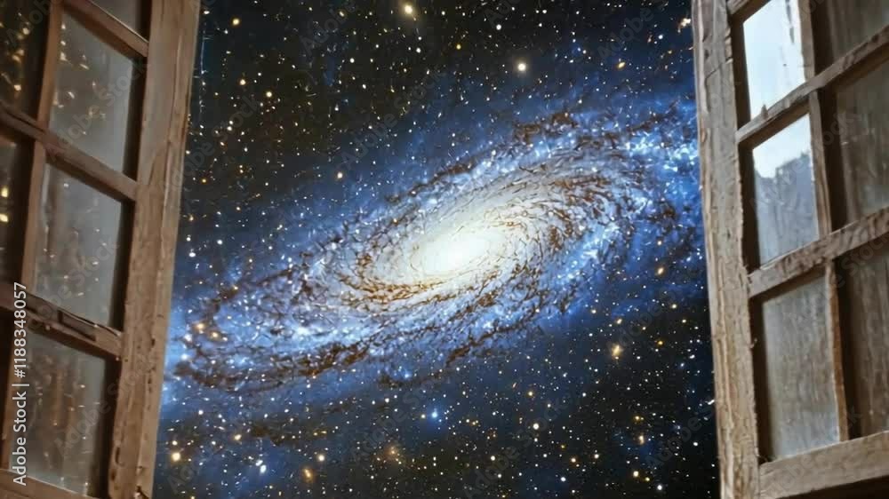 Poster view from the porthole of a spaceship or a space station. a bright galaxy with many stars is visible