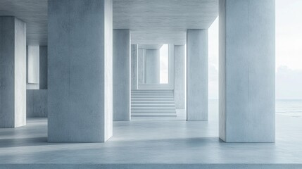 Fototapeta premium Modern concrete architecture with columns, stairs, and ocean view.