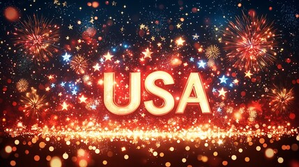 USA text with fireworks and stars.
