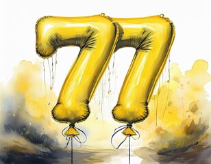 Obraz premium Yellow birthday / anniversary party balloon, number 77, watercolor painting with white background
