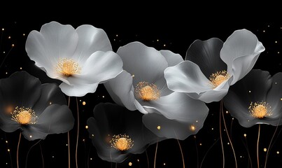 A digital illustration of elegant black and white flowers with golden centers against a dark background.