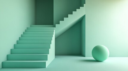 Fototapeta premium Minimalist green room with stairs and sphere.