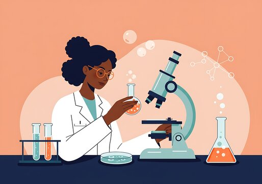 Flat vector illustration medical science laboratory portrait of beautiful black scientist looking under microscope does analysis of test sample ambitious young biotechnology specialist working