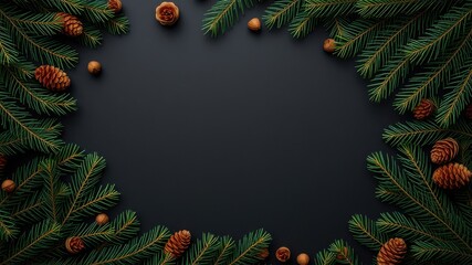 A festive frame of pine branches and cones on a black background, ready for your seasonal message