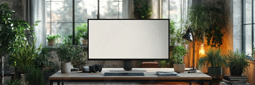 Poster modern workspace with blank computer screen and lush greenery