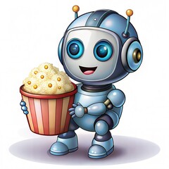 Cute Cartoon Robot Holding Popcorn Bucket for Movie Time