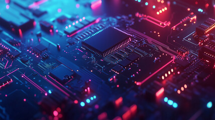 Obraz premium 青い光に浮かぶ回路基板上の微細な電子部品