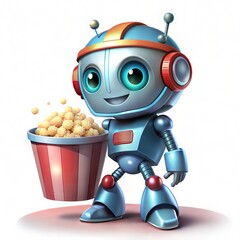 Cute Cartoon Robot Holding Popcorn Bucket for Movie Time