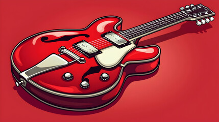 Red electric guitar on red background, music illustration, design element