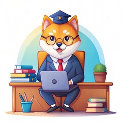Cute Cartoon Fox Professor with Graduation Cap and Laptop