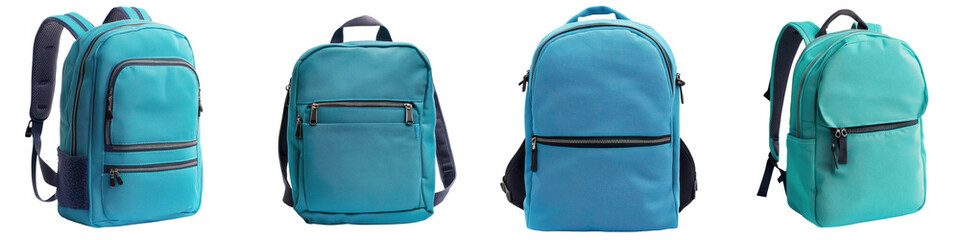 Fototapeta premium Turquoise blue backpack with laptop compartment zipper pockets and straps for carrying school supplies laptop or items for travel and outdoor activities