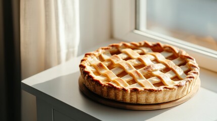 A golden-brown rustic pie cools on a bright windowsill, filling the air with the aroma of baked delight, embodying simple, home-cooked warmth and flavor.