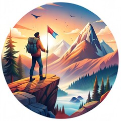 Adventurous Victory Pose on Majestic Peaks with Vibrant Colors