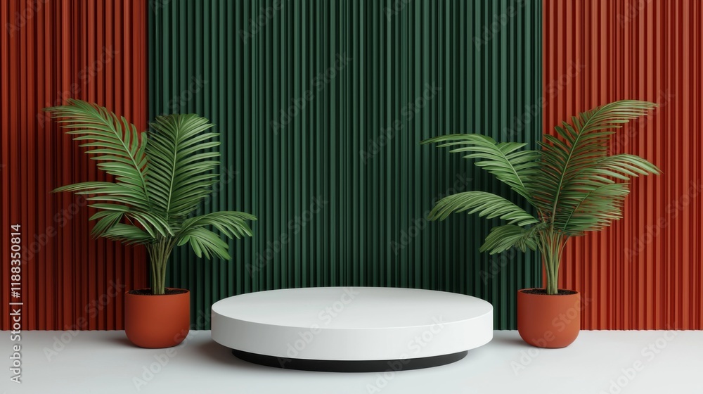 Poster 3d render a modern decor scene featuring a circular platform surrounded by green and red vertical st
