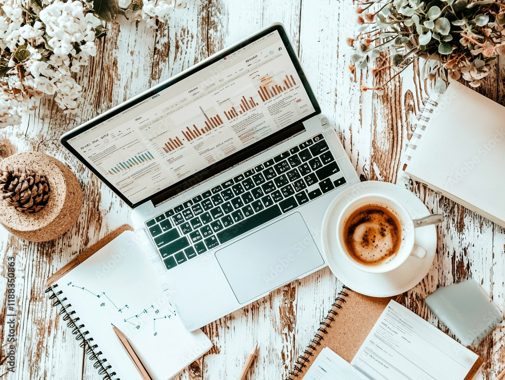 Poster ai-generated insights data management system on an open laptop cozy workspace business environment m