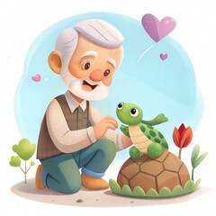 Heartwarming Cartoon of Elderly Man Petting Small Turtle with Friendly Smile