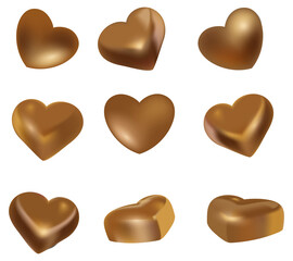 Set of heart shaped chocolate candies isolated on transparent background.