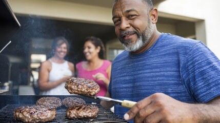 A man grills juicy burgers at a lively backyard BBQ, exuding the essence of summer warmth and savory delights as friends gather around.