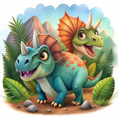 Adorable Cartoon Dinosaurs in a Lush Jungle Setting