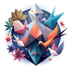 Colorful Geometric Origami Art with Abstract Floral Elements