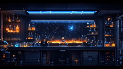 Fototapeta premium A futuristic laboratory filled with glowing bottles and scientific equipment, set against a starry backdrop.