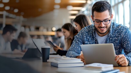 Energetic college students study together in a bright, collaborative library space, full of focus and innovation.