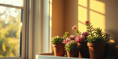 Fototapeta premium A sunlit windowsill with a row of succulent plants in terracotta pots, bathed in the warm glow of the afternoon sun.