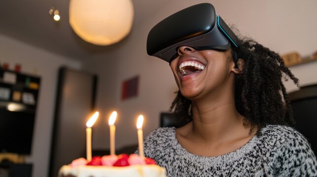 Joyful moment as a person experiences virtual reality, surrounded by laughter and glowing candles.