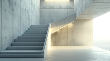 Obraz premium Modern concrete staircase in minimalist interior with window.